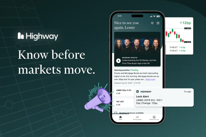 Know before markets move: the Highway app on a phone, with the Morning Update, a rate chart and a lock alert