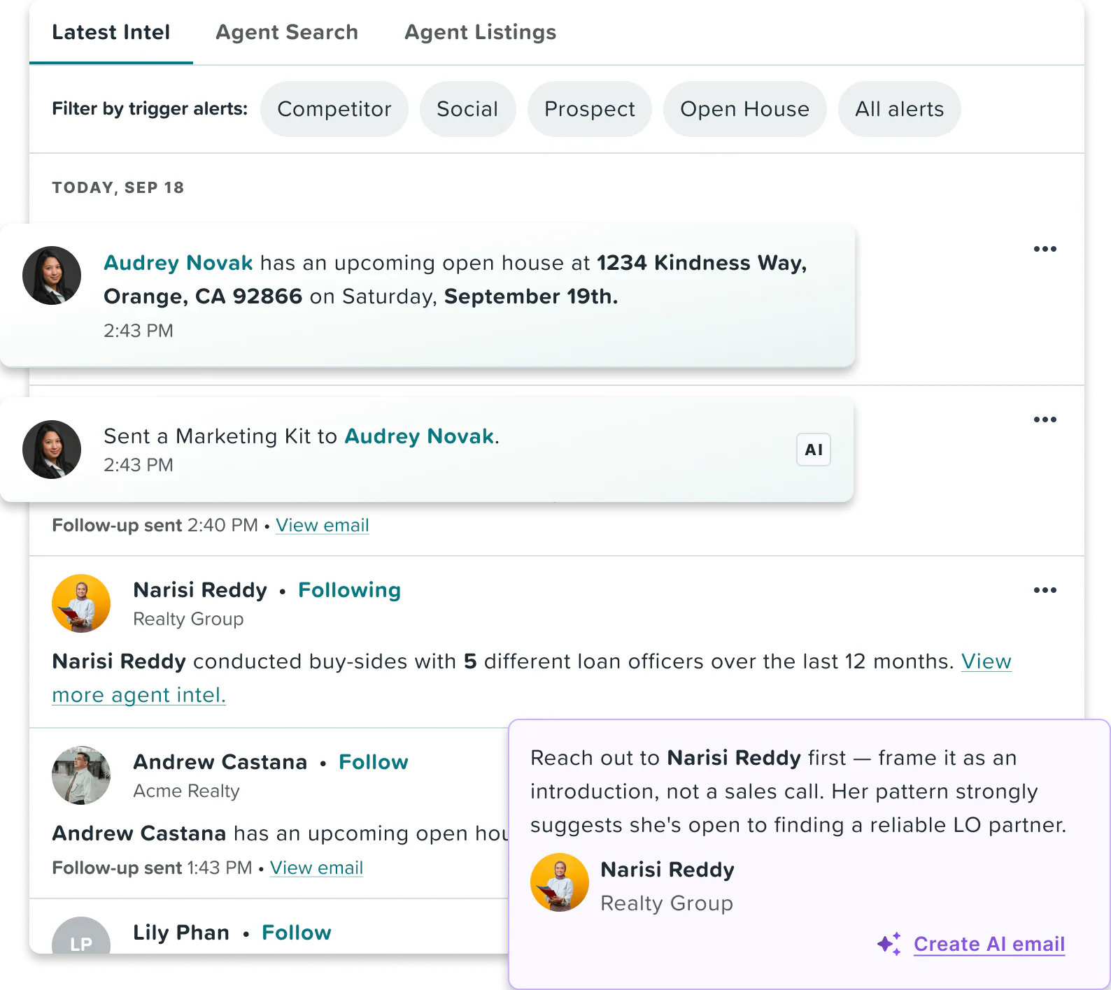 The Agent Intel Latest Intel feed: trigger-alert filters, an open house and a marketing kit for Audrey Novak, buy-sides Narisi Reddy ran with five loan originators, and a card suggesting an intro.