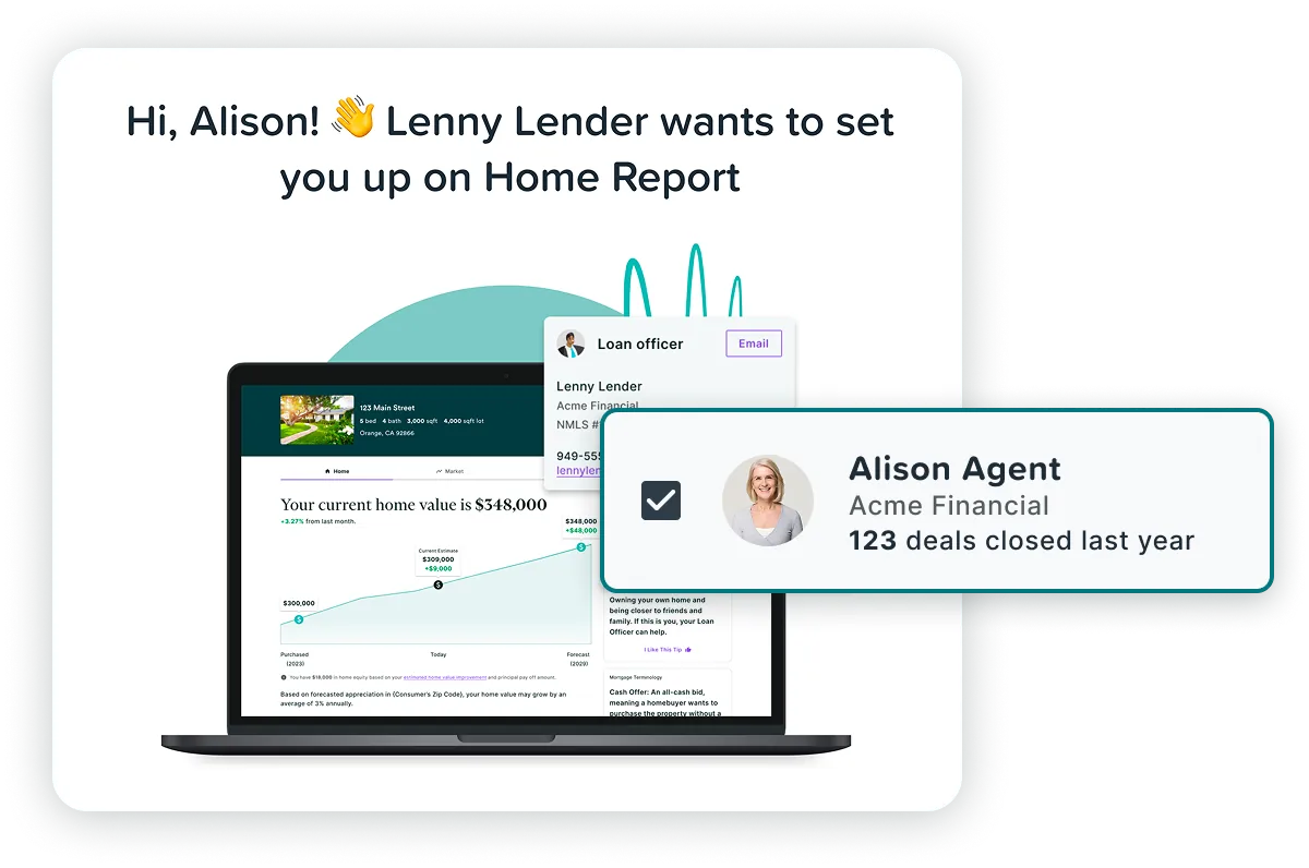 A co-branded invitation reading “Hi, Alison! Lenny Lender wants to set you up on Home Report”, with Alison Agent of Acme Financial checked and paired.