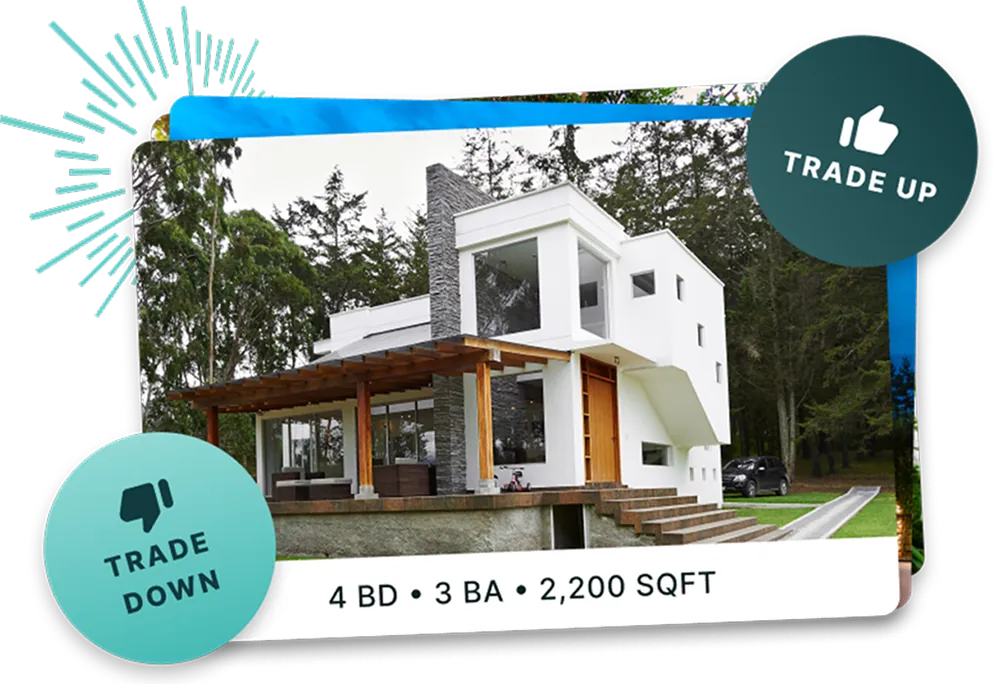 A trade-up game card: a modern home with 4 bedrooms, 3 bathrooms and 2,200 sq ft, with Trade Up and Trade Down badges to guess between.