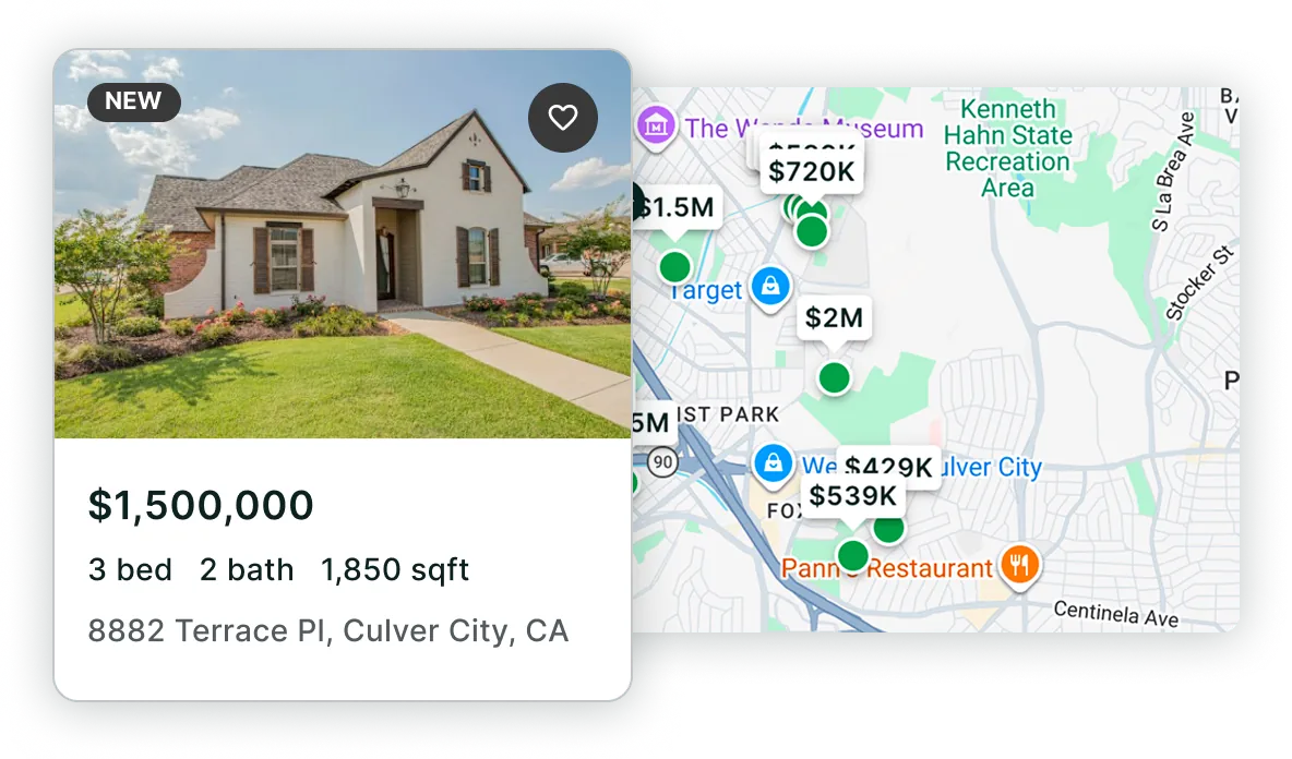 A new listing at 8882 Terrace Pl, Culver City — $1,500,000, 3 bed, 2 bath, 1,850 sq ft — beside a map of nearby homes priced from $429K to $2M.