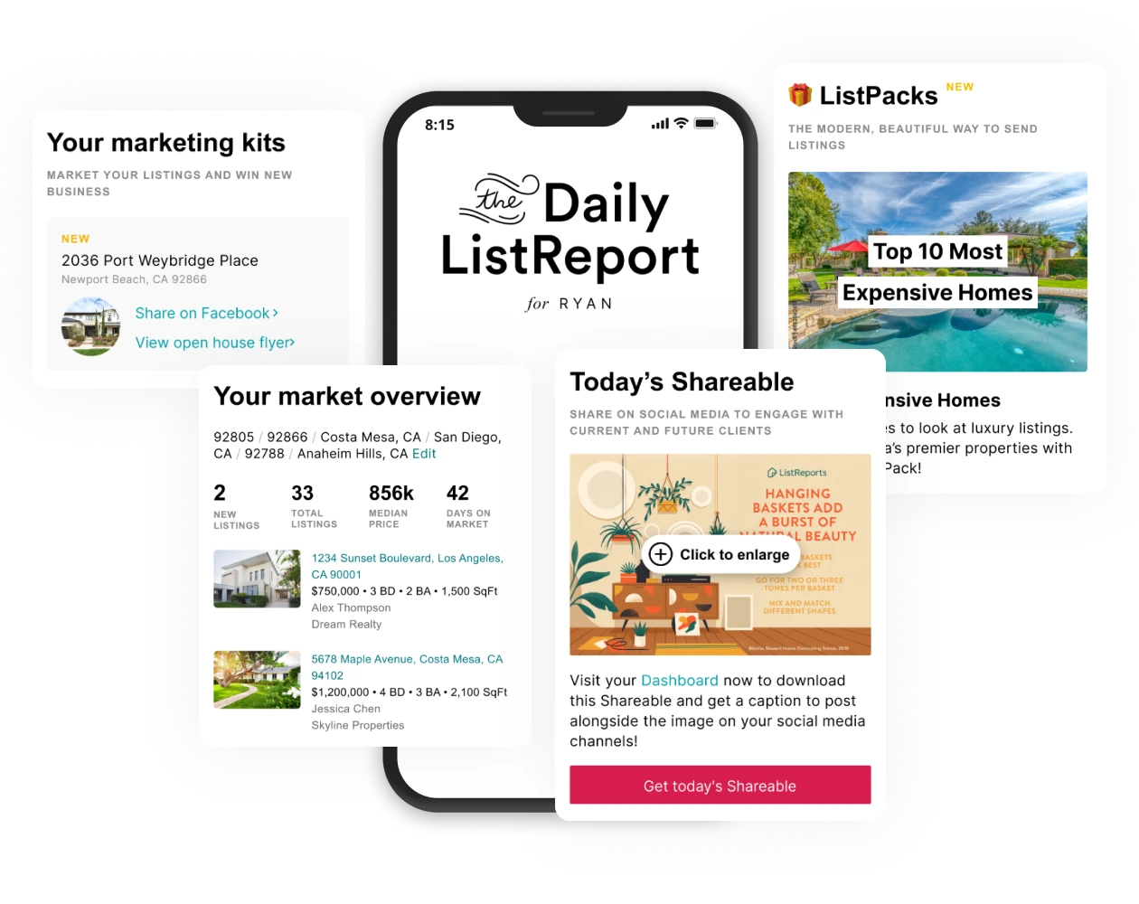 Illustration of The Daily ListReport email on a phone: a local market summary for the agent's area, a handcrafted shareable image with a pre-written caption, and a row of the day's additional content.