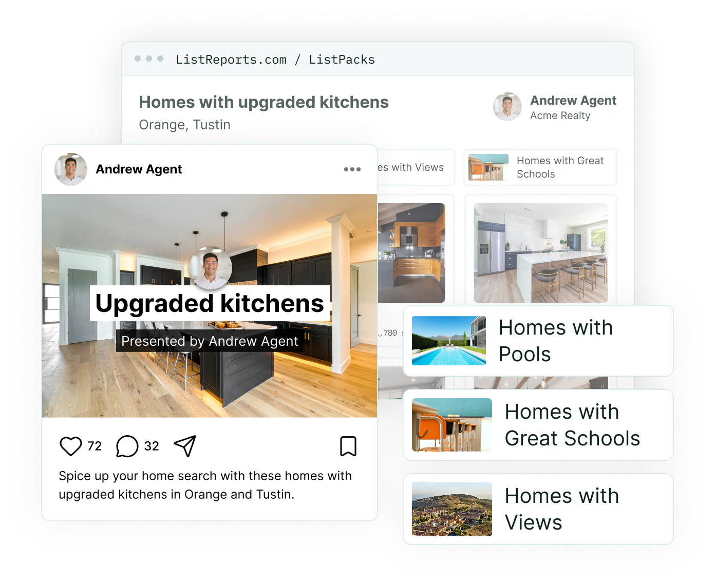 A ListPack on listreports.com titled Homes with upgraded kitchens for Orange and Tustin, branded to the agent and filled with listing photos, with ready-made packs for Homes with Pools, Great Schools and Views beside it and the shareable social post the pack produces, caption included.