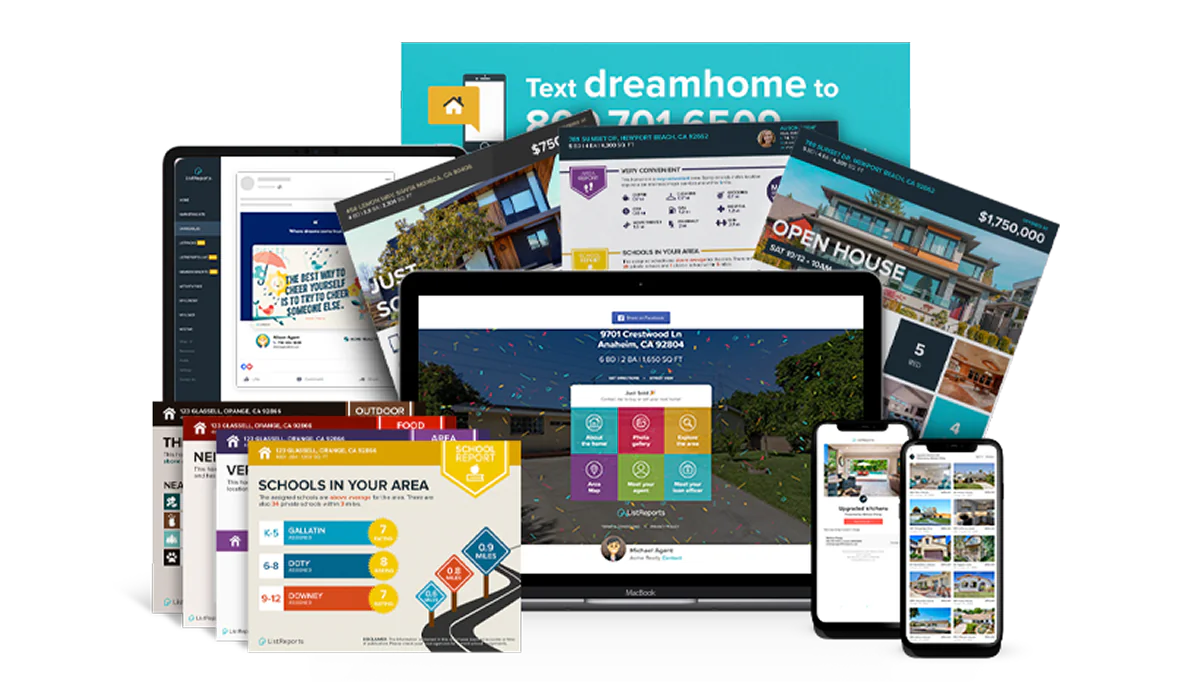 The spread of branded pieces from one ListReports listing kit: an open house postcard, property flyers, a school report sheet and a text-for-details sign, alongside a laptop showing the listing's own website and phones and a tablet showing the matching digital and social assets.