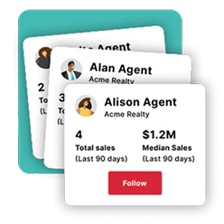 Agent Intel profile cards for two agents, showing total sales, median sales and a Follow button