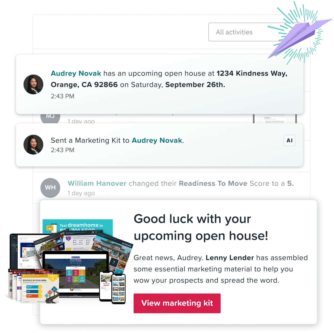 A loan originator's ListReports activity feed: a paired agent's upcoming open house, the marketing kit sent to her for it, and the co-branded kit email she receives.