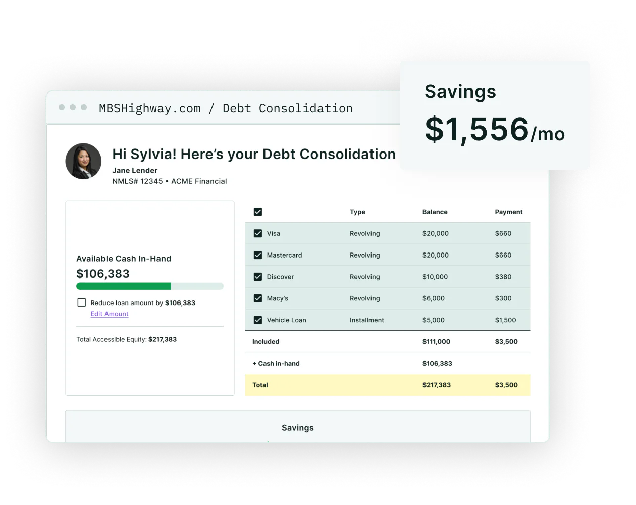 A Debt Consolidation report for Sylvia from Jane Lender: five revolving and installment accounts totaling $111,000, $106,383 of available cash in hand, and savings of $1,556 a month.