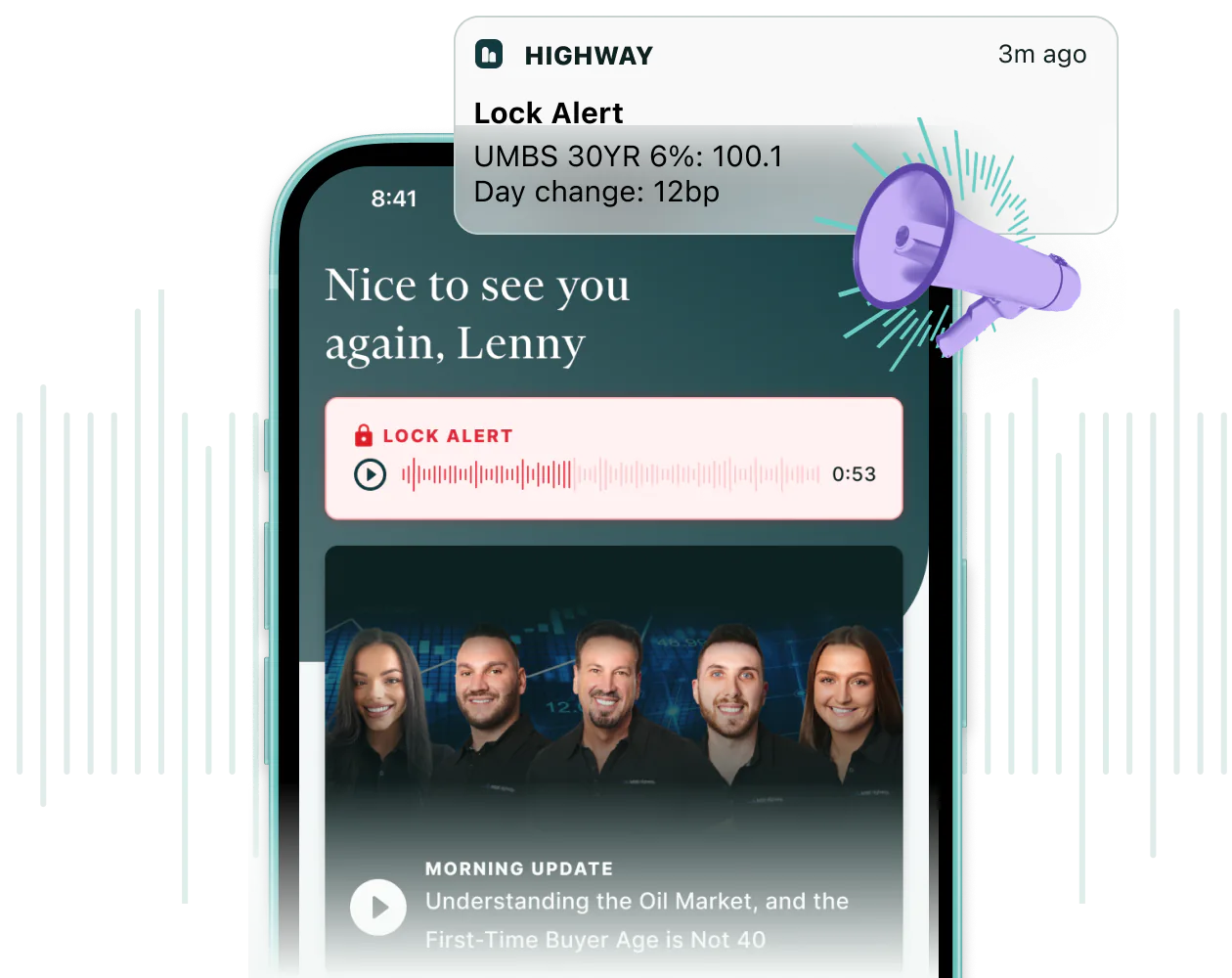 The MBS Highway app on a phone: a Highway Lock Alert notification reading UMBS 30YR 6%: 100.1, day change 12bp, a 53-second Lock Alert audio message, and the day’s Morning Update video.