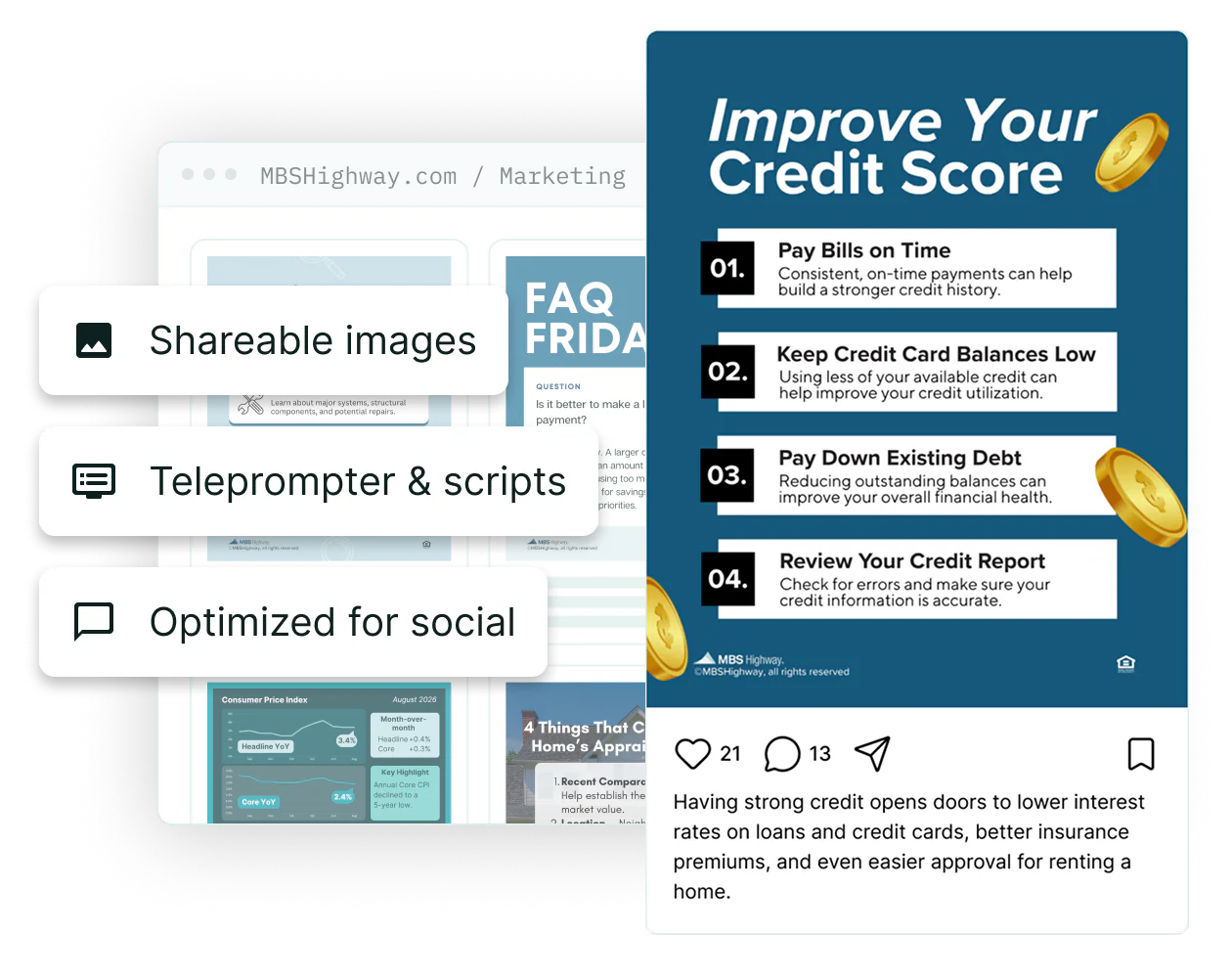 The Marketing library with callouts for shareable images, teleprompter and scripts, and optimized for social, beside an “Improve Your Credit Score” post with 21 likes and 13 comments.