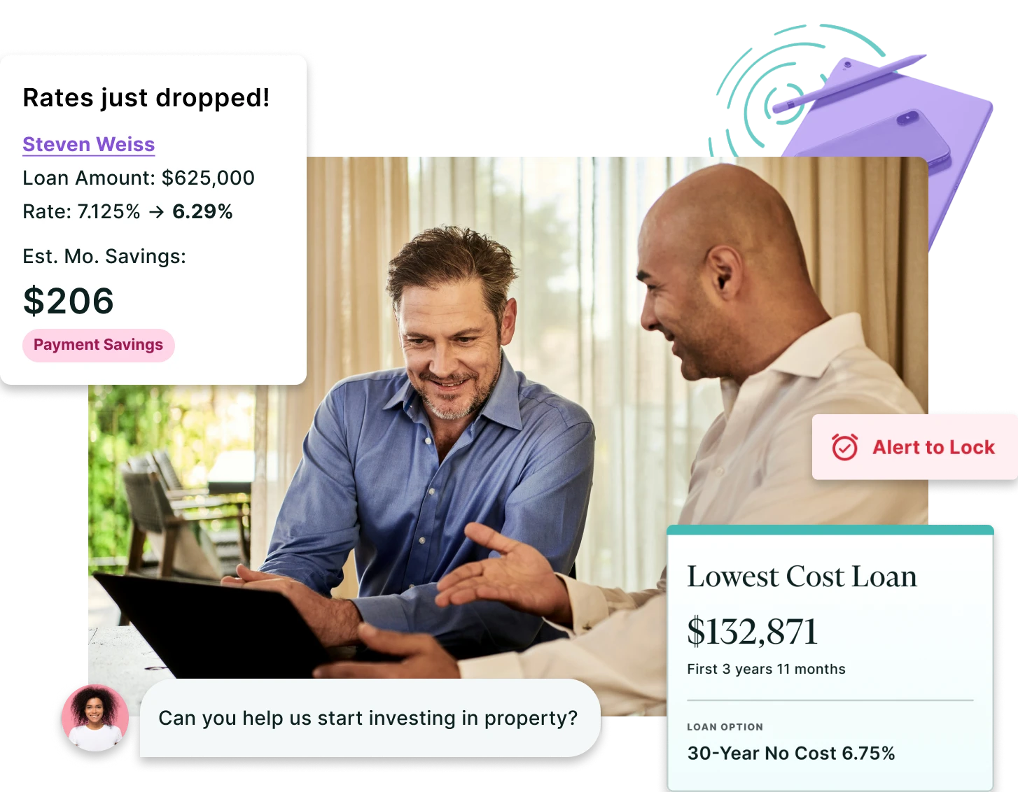 A loan originator and client reviewing a rate drop alert for Steven Weiss — 7.125% to 6.29%, saving $206 a month — beside a lowest-cost loan option of $132,871 and a lock alert.