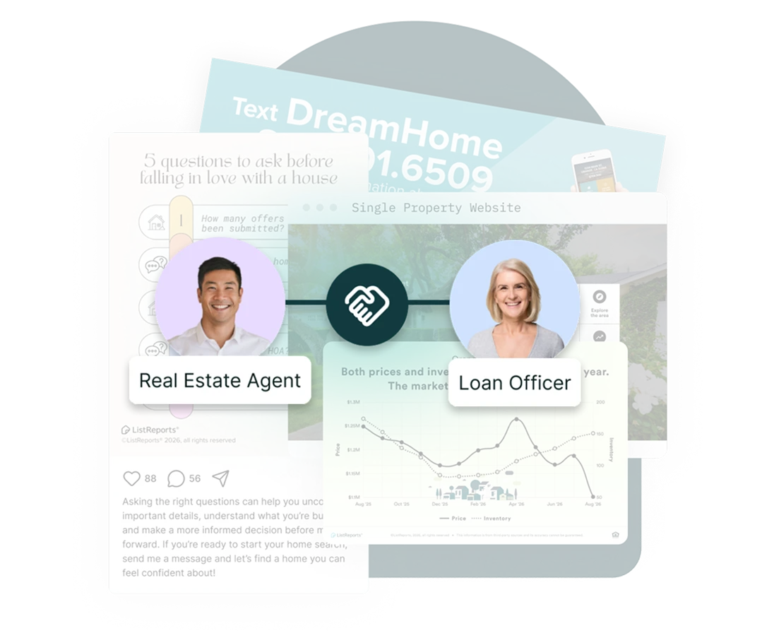 ListReports pieces built on the agent-loan originator relationship: a 'Text DreamHome' lead campaign, a single property website pairing the agent and loan originator, and a 'questions to ask before falling in love with a house' Shareable.
