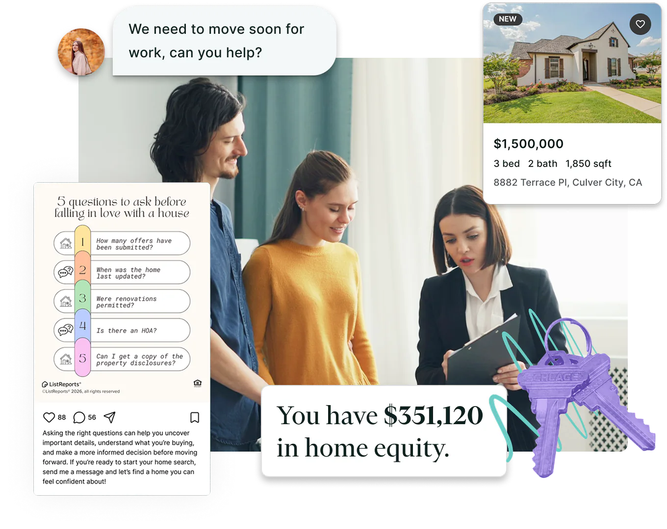 A real estate agent going through a clipboard with a couple, surrounded by ListReports pieces: a new $1,500,000 Culver City listing, a “5 questions to ask before falling in love with a house” social post, and a note showing $351,120 in home equity.