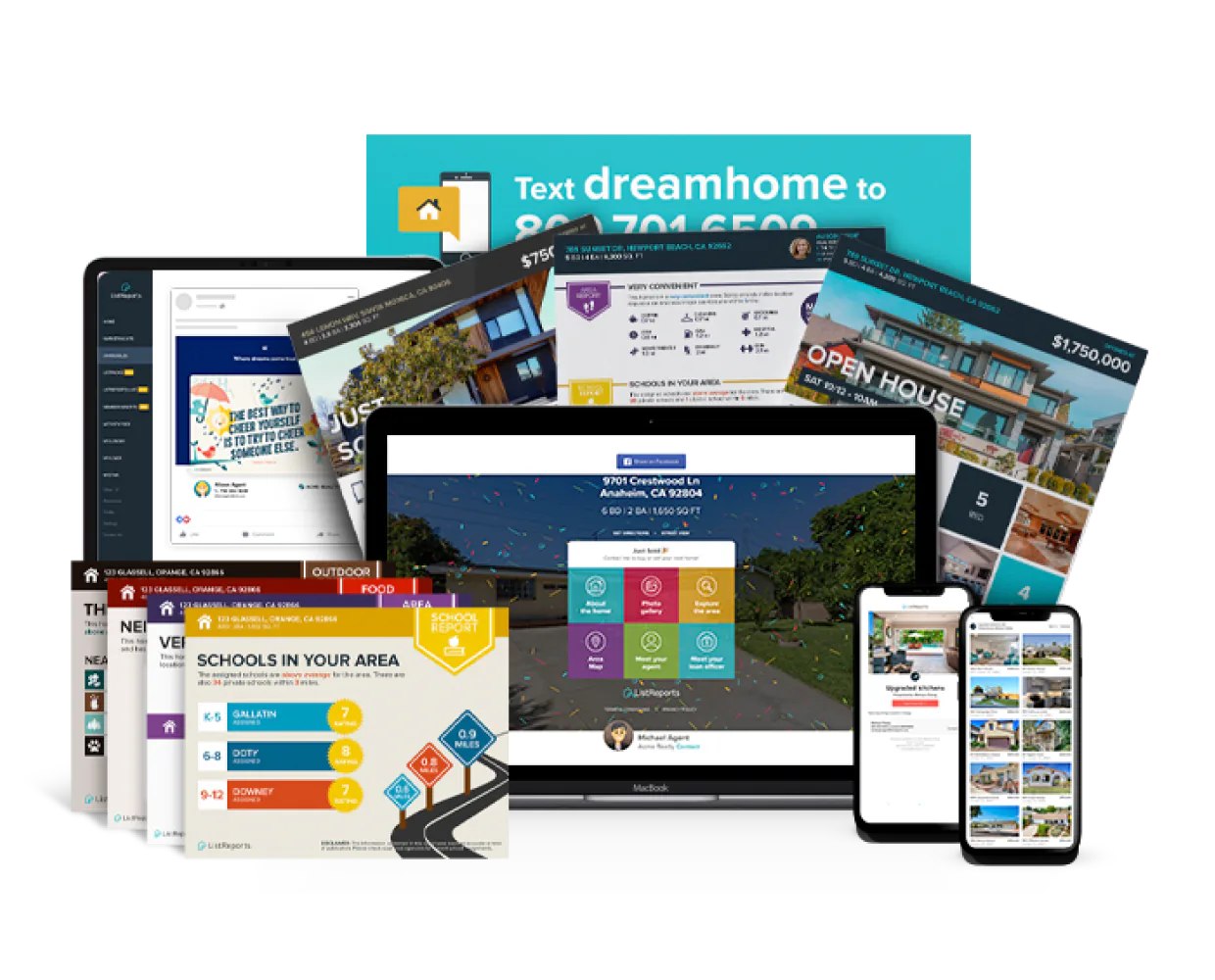 A ListReports marketing kit spread around one listing: a “Text dreamhome” lead card, Just Listed and Open House flyers for a $1,750,000 home, a schools-in-your-area report, and the property website open on a laptop and two phones.